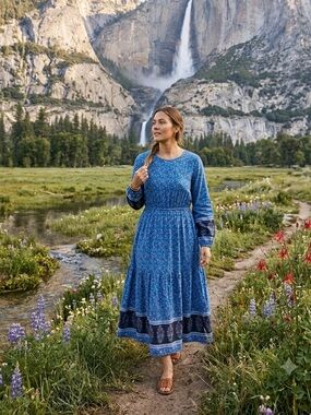 Etosell Womens Floral Print Long Sleeve Boho Maxi Dress Blue Relaxed size M